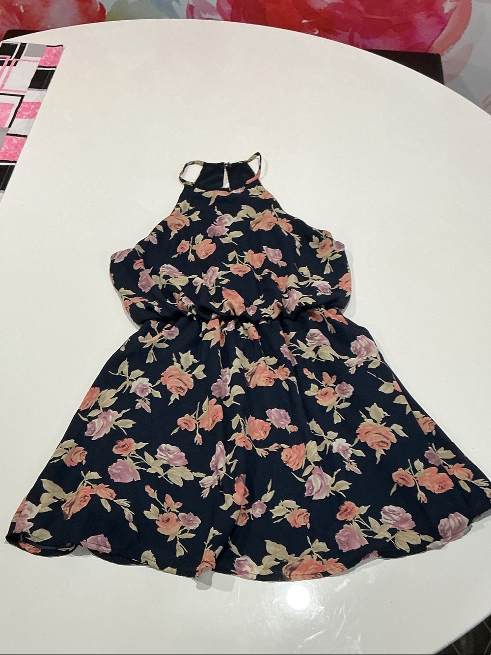one clothing Navy Floral Halter Dress with Pink & Peach Roses